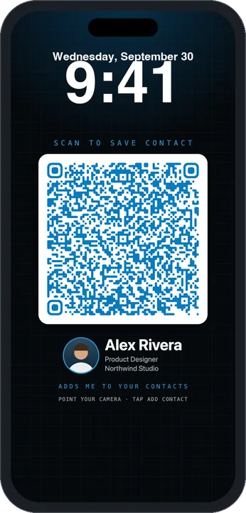 Example Lockcard wallpaper: a QR code with the name Alex Rivera, Product Designer at Northwind Studio, under the iPhone clock